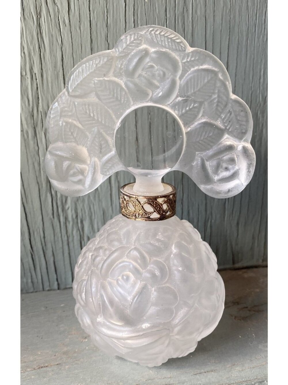 Vintage Rose Perfume Bottle Clear Frosted Cut Glass with Stopper